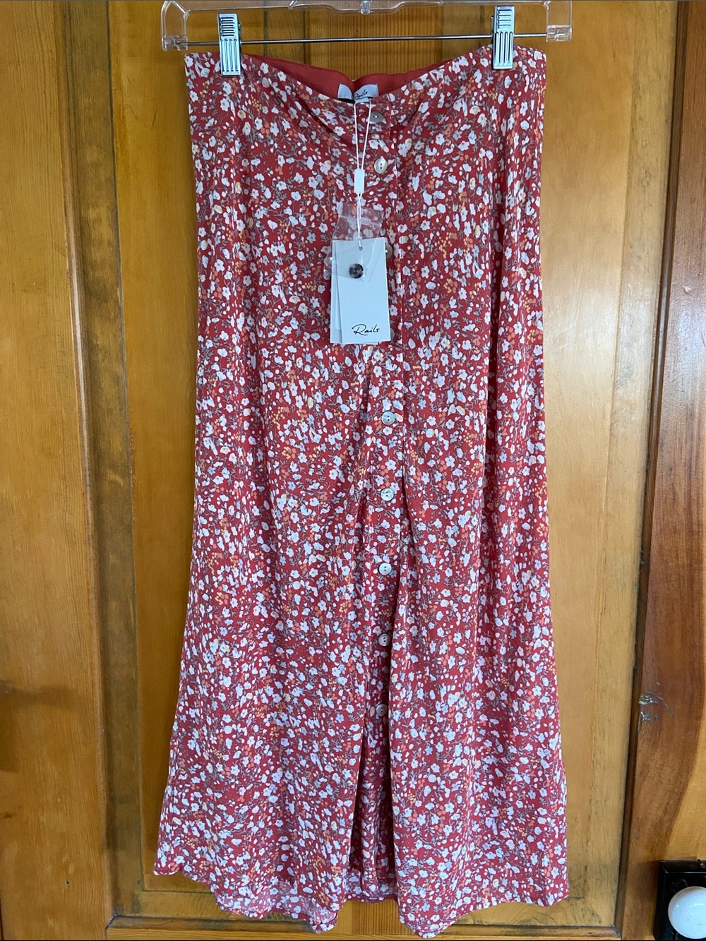 Rails Red Floral Button-Front Skirt with White and Cream Blooms